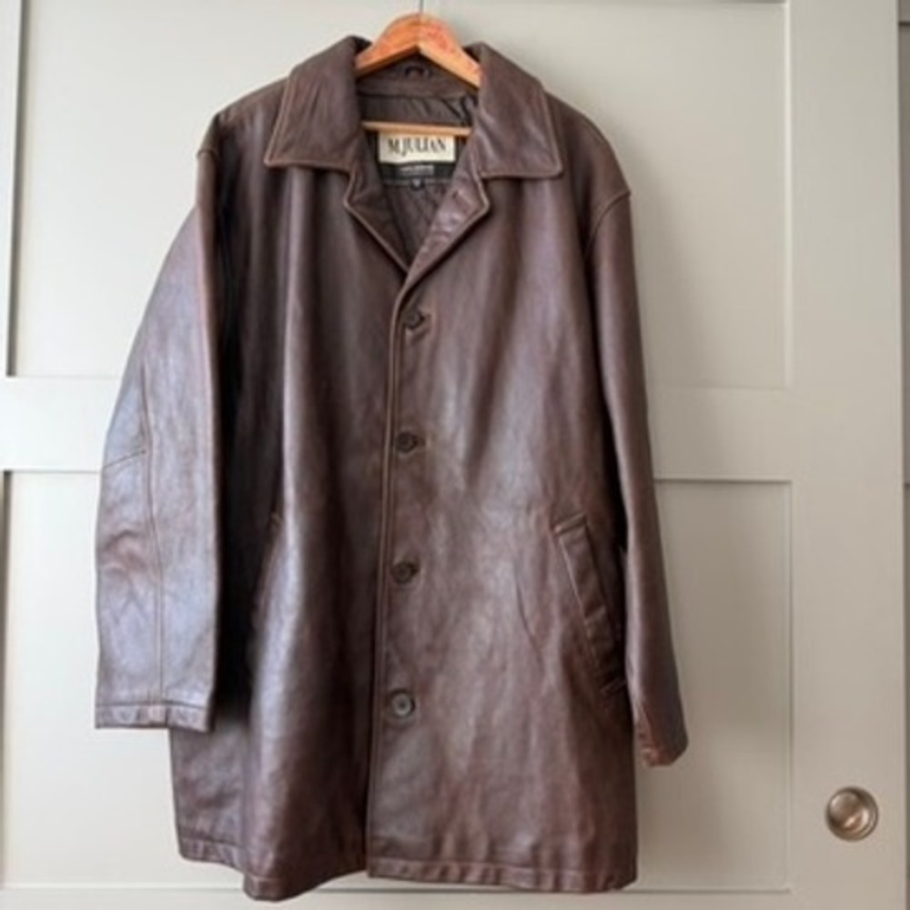 Vintage M. Julian Wilsons Leather Car Coat Men 1X Brown Button Front Jacket 90's